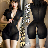 洛蔓希 情趣内衣 性感开档露胸 SM制服诱惑紧身连体衣 长拉链短裤情趣诱惑套装 黑色