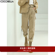 COCOBELLA工装风卡其色水洗棉休闲裤女秋宽松高腰直筒裤PT818 卡其单版 S