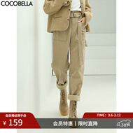 COCOBELLA工装风卡其色水洗棉休闲裤女春宽松高腰直筒裤PT818 卡其单版 S