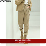 COCOBELLA工装风卡其色水洗棉休闲裤女春宽松高腰直筒裤PT818 卡其单版 S