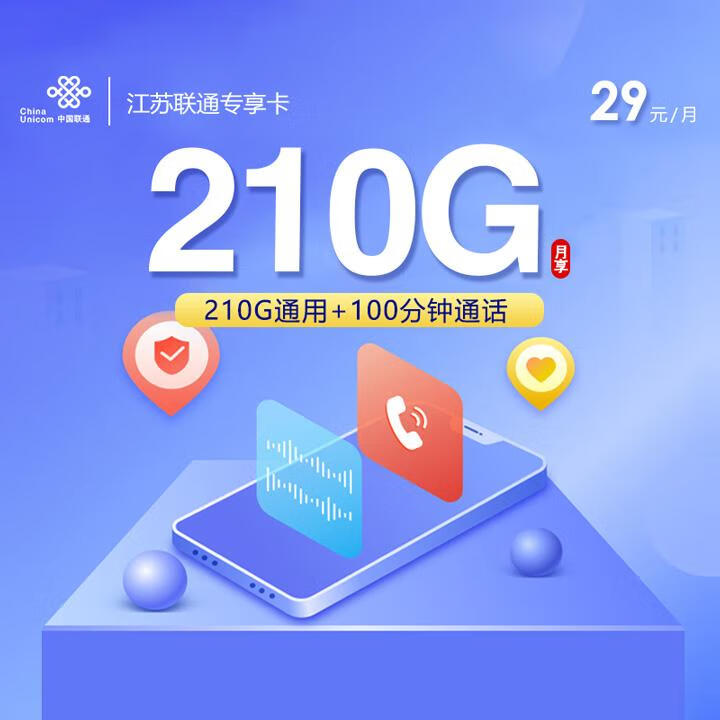 江苏联通专享卡29元包210G全国通用+100分钟通话【2年优惠，可选号码】