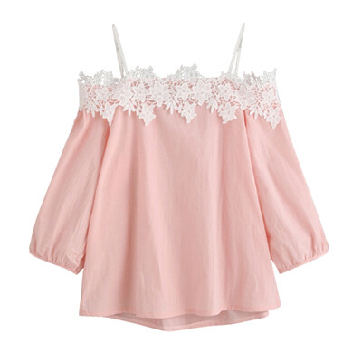 

Womens Casual Summer Shirt Harness Lace Slash-Neck Blouses Long-sleeved Clothing Tops