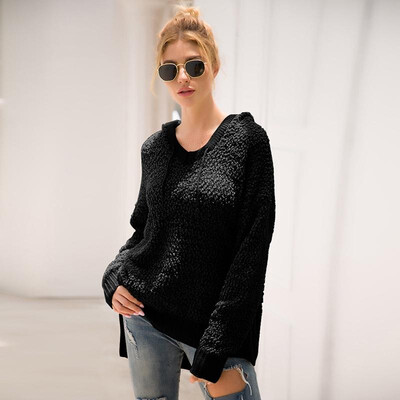 

Women Autumn Winter Sweater Hooded Tops Drawstring Long Sleeve Irregular Hem Pullover Casual Loose Blouse
