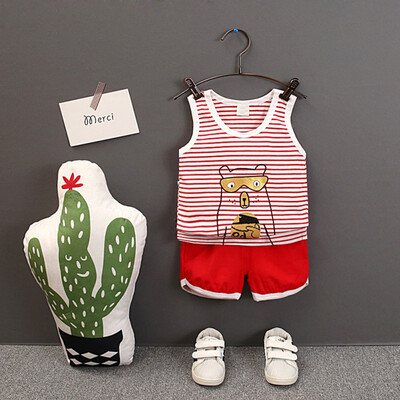 

2PcsSet Summer Children Baby Boys Casual Sleeveless Striped Bear Print Vest TopsShorts Suits Costume Set