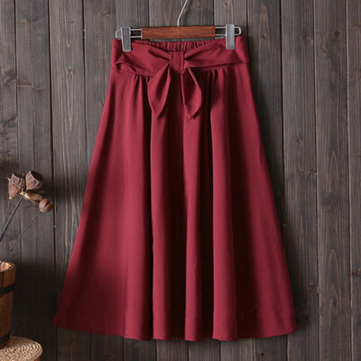 

Elegant Women Skirt High Waist Pleated Knee Length Skirt Vintage A Line Big Bow Red Black Side Zipper Skater Skirts