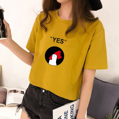 

New tshirt Womens Korean Style Round Neck tee shirt femme Cartoon Cock & Letters Print Short Sleeve T-Shirt