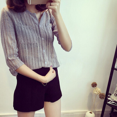 

Women Lady Fashion V-Neck Blouse Spring Autumn Loose Casual Three Quarter Sleeve Femme Tops Shirts Plus Size New