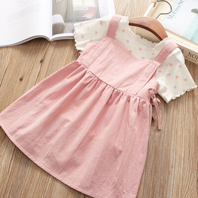 

Children Summer Girls Cotton Love Print t-Shirt Solid Color Strap Short Two-Piece Suit for 2-7Y