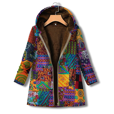 

Tailored Women Winter Vintage Warm Printed Pockets Thicker Zipper Hooded Coat Outwear