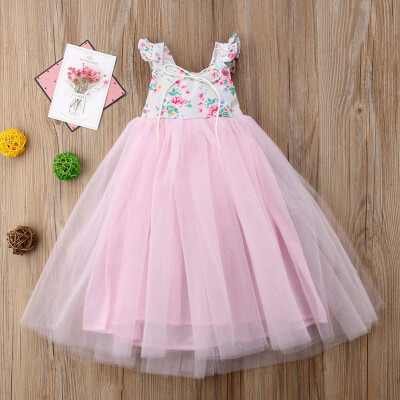 

7-12Summer New Fashion Baby Girls Sweet Elegant Princess Dress Kids Floral Mesh Sleeveless Dress