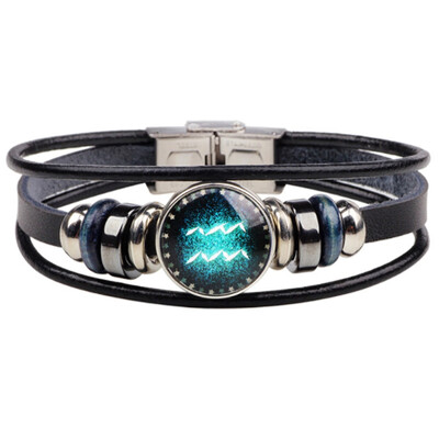 

Retro 12 Zodiac Constellation Beaded Hand Woven Leather Bracelet Punk Chain Cuff