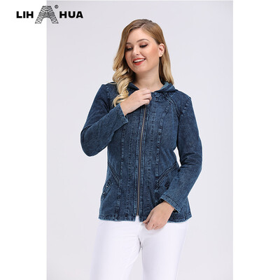 

LIH HUA Spring Womens Plus Size Casual Denim Jacket stockinet high flexibility Slim Fit Jacket Denim hoodie