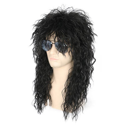 

Men Boys Natural Soft Fashion Cool Retro Rock&roll Style Black Long Curly Realistic Hair Wig