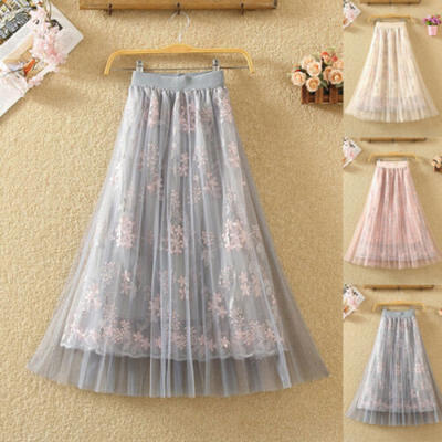

New Women Chiffon Floral High Waist Maxi Dress Skater Flared Pleated Long Skirt