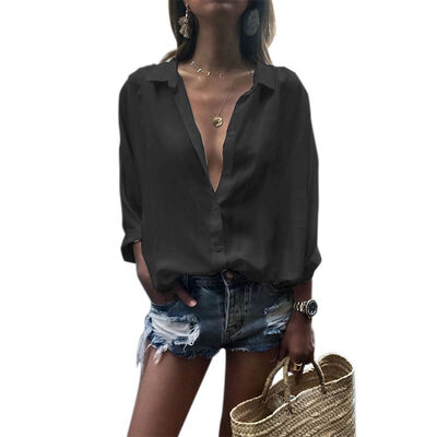 

2019 explosion models womens deep V-neck button chiffon shirt casual wild trend shirt womens clothing