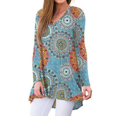 

Tailored Fashion Women Casual V-Neck Print Blouse Long Sleeve Irregular Loose Tops