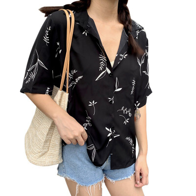 

Women Leaves Printed Casual Blouses Fashion Loose Short Sleeve Shirt Summer Chiffon Blouse