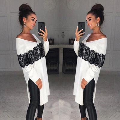 

Womens V Neck Loose Long Sleeve Oversize Sweater Jumper Lace Shirt Tops Dress