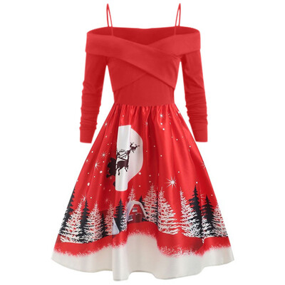 

Gobestart Women Casual Christmas Day Long Sleeve Print Dress Plus Size Party Dress