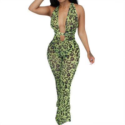 

Women Europe And USA Sexy Mesh Leopard Print Backless Straps Coveralls Lace Up Bodysuit Tops Leopard Bandage Jumpsuit Shein