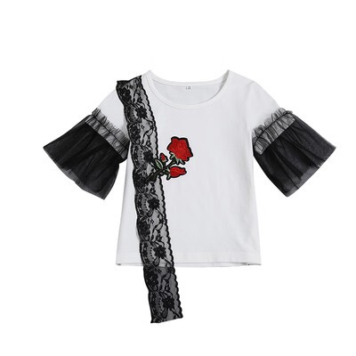 

2019 Baby boy girl t-shirt cotton soft embroidered rose lace side ruffled sleeve top for 5-9T