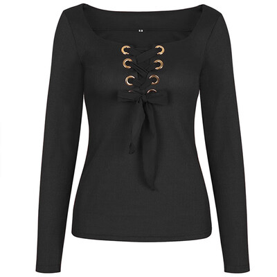 

Sexy U Neck Strap Female T shirt Bow Bandage Autumn Summer T Shirt Long Sleeve Tops Casual Top Slash Neck Buckles 4 Colors Tee