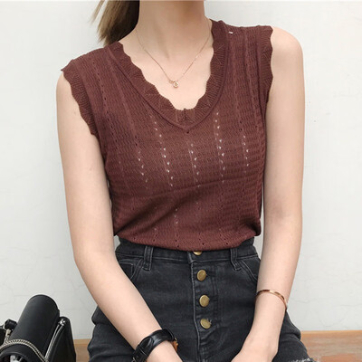 

Ladies Vest Top New Solid Hollow Out Elegant Tank Tops Sexy V Neck Sleeveless Fashion Tops Casual Woman Camisole