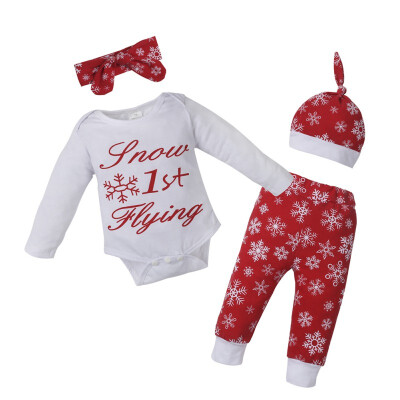 

Baby Clothes Set 2018 New Autumn Christmas Children Snowflake Print 4 Piece Set Long Sleeve RomperPantsHeadbandHat Set