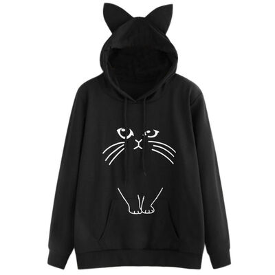 

Women Cat Ear Hooded Coat Cat Printed Autumn Long Sleeve Pullovers Female Fashion Outwear