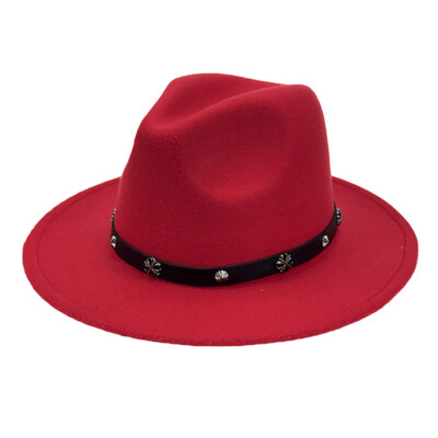 

Vintage Women Men Woolen Western Cowboy Hat With Wide Brim Leather Belt Cowgirl Jazz Cap