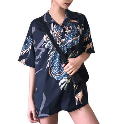

Short Sleeve Dragon Print Shirts Female Streetwear 2019 Summer Women Harajuku Blouse Femme Tops&Blouses