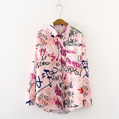 

Blouse Women Letters Printing Blouses Fashion Ladies Chic Turn Down Collar Button Long Sleeve Shirt Tops blusas mujer moda shirt