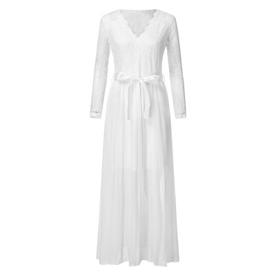 

Tailored Womens Long Sleeve V-Neck Sexy Lace Panel Solid Color Pleated Slim Long Dress