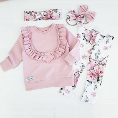 

AU Flower Baby Girls Kids Outfit Ruffle Tops Pants Trousers Headband Clothes Set