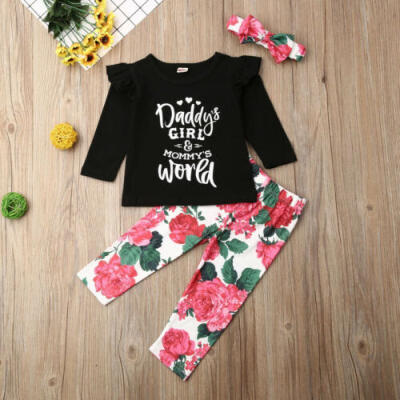 

3pcs Newborn Kid Baby Girl Floral Clothes Daddys Girl TopsPantsHeadband Set