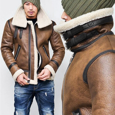 

Gobestart Men Autumn Winter Highneck Warm Fur Liner Lapel Leather Zipper Outwear Top Coat