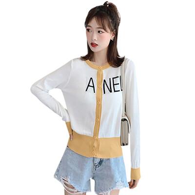 

Womens Outerwear Knit Cardigan O-neck Short Paragraph Leisure Loose Colorblock Knit Cardigan Long Sleeve Sweater