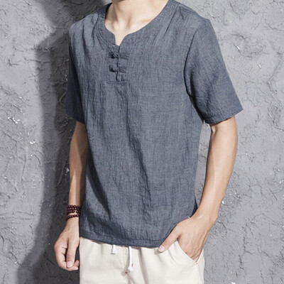 

Toponeto Mens Linen Short Sleeve Solid Color Crew Neck Loose Casual T Shirt Blouse