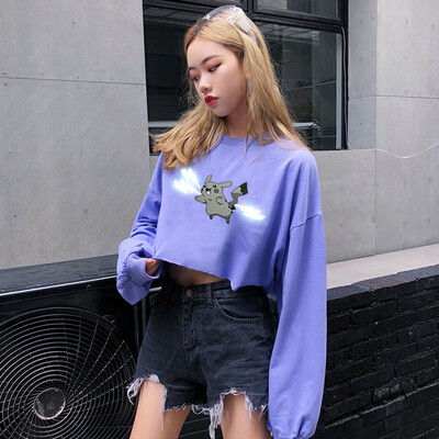 

New Women T-Shirt Round Collar Exposed Navel Cartoon Print Long Sleeved Casual Shirt Wild Tops
