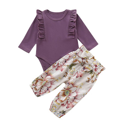 

Autumn Baby Girl Cute Casual Long Sleeve Cotton Romper Tops Floral Print Pants Outfits Set