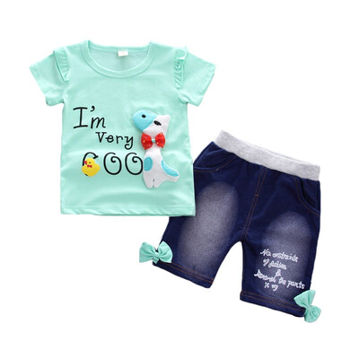 

2Pcs Children Sets Summer Girls T-shirt Shorts Set Cute Cartoon Dogs Print Casual T-shirt Denim Pant Girls Clothes Set Summer