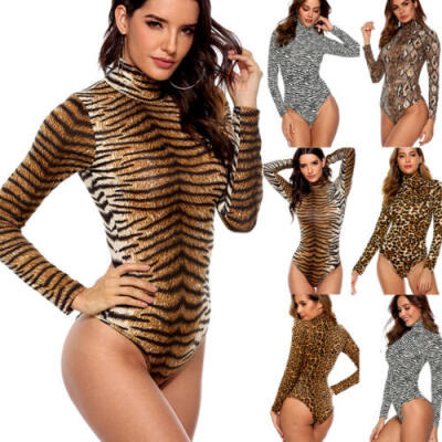 

UK Women Long Sleeve Turtleneck Leopard Bodysuit Leotard Bodycon Romper Jumpsuit