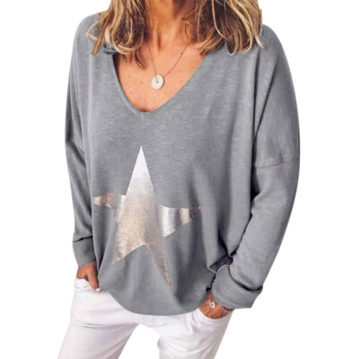 

Black T Shirt Women Autumn Sexy Star Print Loose T Shirt V Collar Long Sleeve Casual Wild T-Shirt Tops