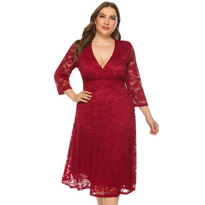 

Plus Size Lace Dress V Neck Comfortable Fabric 34 Length Sleeve Big Hem for Summer