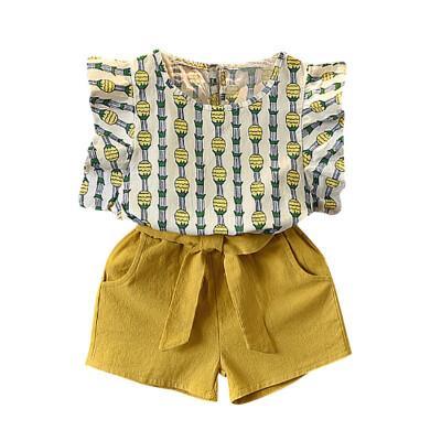 

Baby Girls Casual Summer Pineapple Print Fly Sleeve T-shirtShorts Suits 2Pcs Costume Set