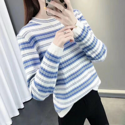 

New Knitted Striped Round Neck Contrast Color Irregular Long-sleeved Sweater Women