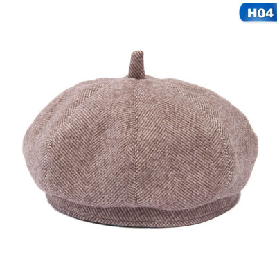 

Simple Women Wool beret For Elegant lady Winter Female Cotton Hats Plaid Vintage Octagonal Casual Cap