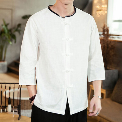 

Toponeto Mens Vintage Casual Pure Color Cotton Linen Three Quarter Sleeve Shirts Tops