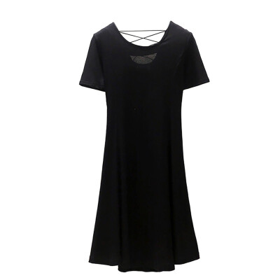 

Women Wild Sexy Back Cross Belt Dress Solid Color Waist Slim Round Collar Shirts Short Sleeve Casual Dress