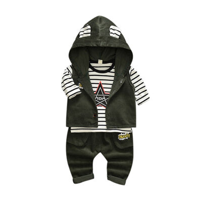 

Children Suit 3pcs Baby Boy Cotton Stripe Long Sleeve T-shirt Vest Coat Trousers Suit Set Autumn Casual Boys New